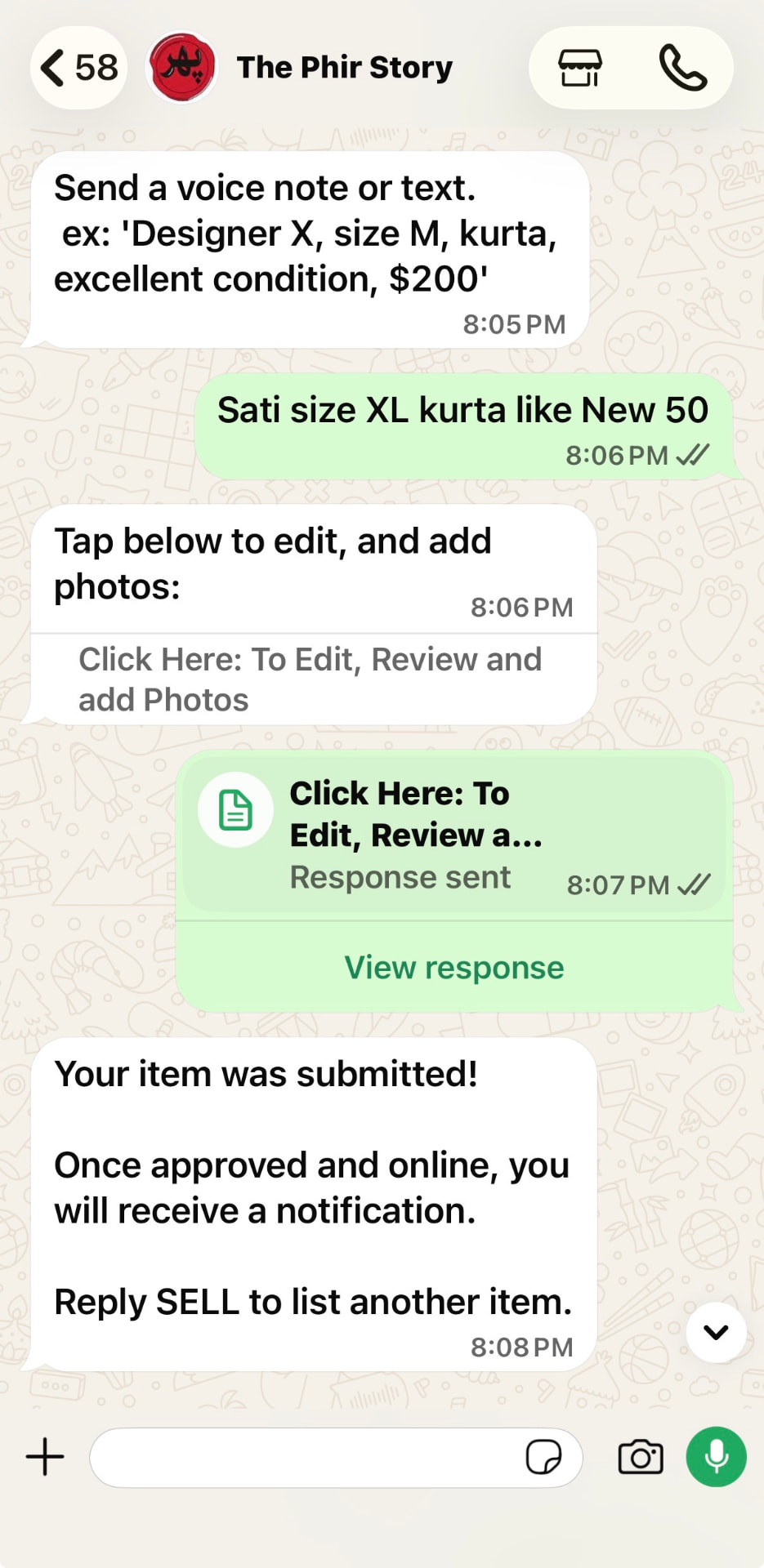 WhatsApp conversation turning a seller's text into a prefilled listing