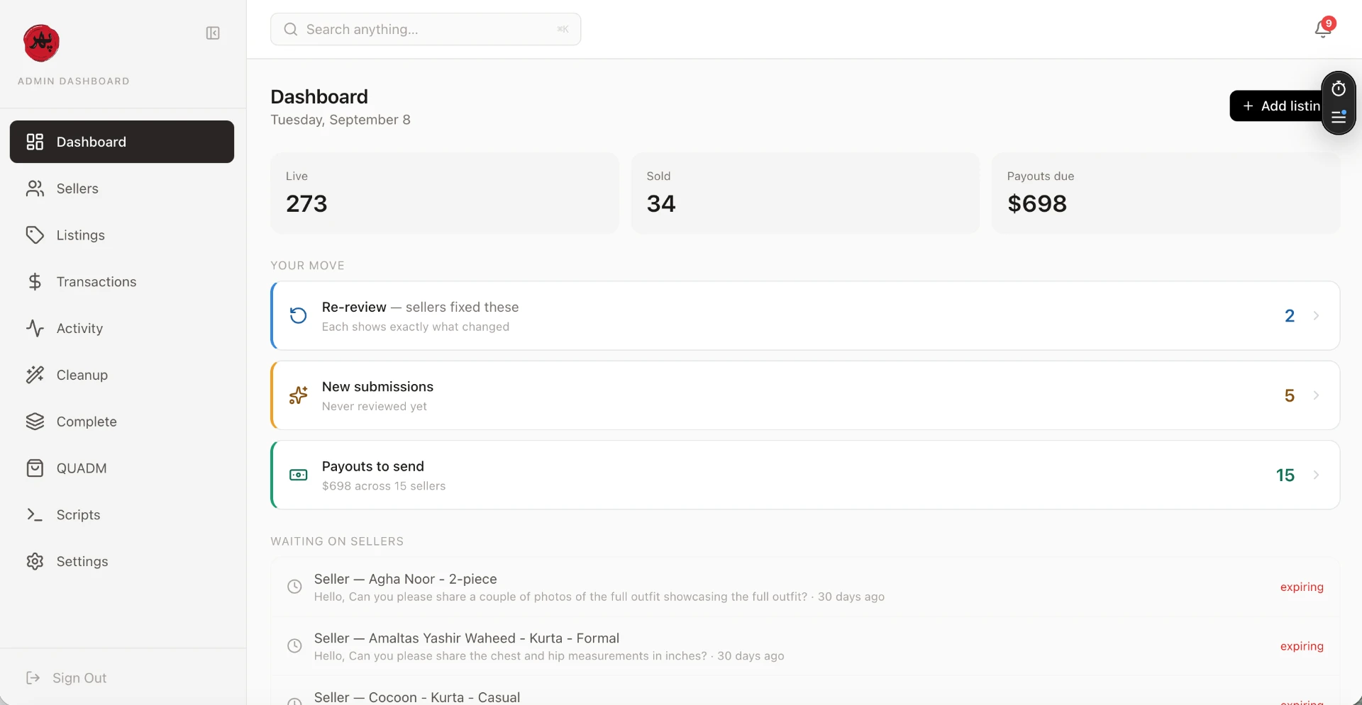 Admin dashboard showing live listings, sales, payouts and seller review queues