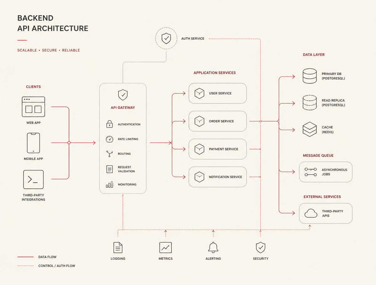 Diagram of the backend API architecture and data flows